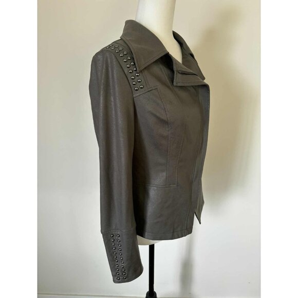 JOSEPH RIBKOFF Zip Up Moto Jacket Size Small Faux Leather Greenish Gray Studded - Picture 5 of 10